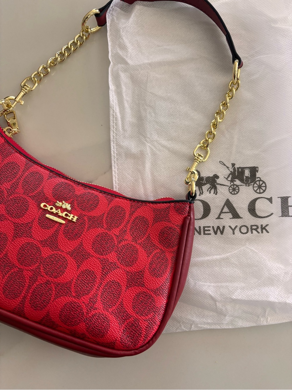 Coach Red Signature Canvas Shoulder Bag with Gold Chain PLS SEND OFFERS !!!